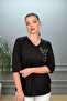 Women's Plus Size Black V-Neck Lycra Dress with Phoenix Bird Figure and Bead Embroidery