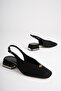 Women's Black Suede 4 cm Thick Short Heeled Open Back Shoes with Gold Detail - 4