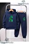 Green Hat Bear Printed Hooded Thick Cotton Inside Padding Tracksuit with Pockets Children's Top and Bottom Tracksuit Set
