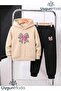 Leopard Print Hooded Thick Cotton Inside Lined Children's Tracksuit with Pockets - Top and Bottom Set