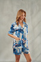 Women's Blue Satin Shorts Pajama Set Aura & Piping Short Sleeve Shirt with Shorts Nightwear Sleepwear Set - 8