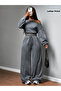 Women's Anthracite Boat Neck Sweatshirt with Stitching Detail Top and Bottom Set - 6