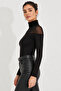 Women's Black Tulle Detailed Turtleneck Long Sleeve Blouse - 6
