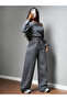 Women's Anthracite Boat Neck Sweatshirt with Stitching Detail Top and Bottom Set - 2