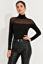 Women's Black Tulle Detailed Turtleneck Long Sleeve Blouse - 4