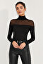 Women's Black Tulle Detailed Turtleneck Long Sleeve Blouse - 5