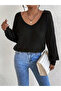Women's long sleeve v neck window back lace detailed thick ribbed camisole blouse - 2
