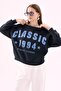 Crep Women's 3 Thread Yarn Soft Inside Printed Oversize Boat Neck Sweatshirt Navy Blue - 3