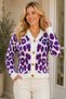 Women's Long Sleeve V-Neck Leopard Pattern Buttoned Casual Stylish Soft Purple White Knitwear Cardigan - 5
