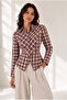 Burgundy Plaid Patterned Women's Shirt with Belted Waist |   Mkw1611527-1