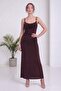 Women's Degaje Collar Strap Backless Midi Length Knitted Evening Dress Burgundy, Brown, Black - 4
