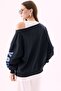 Crep Women's 3 Thread Yarn Soft Inside Printed Oversize Boat Neck Sweatshirt Navy Blue - 2