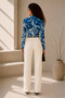 Women's Blue Patterned High Collar Printed Lined Tulle Fabric Blouse with Drawstring Detail and Long Sleeves - 6