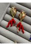 Red Coral Design Gold Color Crystal Stone Dangle Women's Earrings - 2