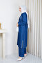 Women's Slit Detailed Stone-Embellished Two-Piece Denim Set with Pants - 2