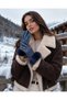 Women's Zigzag Detailed Navy Blue Leather Gloves Eld20