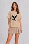 Women's Cream Halftone Eagle Poster Graphic Printed Regular Fit 100% Cotton T-Shirt