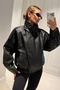 Zr Model Stand Collar Vein Patterned Soft Fabric Water Repellent Women's Viral Oversize Leather Jacket Coat - 5