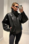 Zr Model Stand Collar Vein Patterned Soft Fabric Water Repellent Women's Viral Oversize Leather Jacket Coat