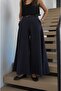 Navy Blue Plaid Wide-Leg Pants with Belt - 4