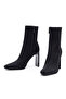 Women's Black Zippered High Thick Heeled Fabric Boots Af500001Kk - 4