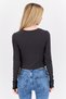 Women Crew Neck Long Sleeves Rhinestone Shirt, Charcoal - 4