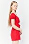 Women Off Shoulder Short Sleeve Textured Playsuit, Red - 4