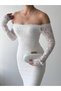 Women's White Long Lace Dress Boat Neck Long Sleeve Bodycon Flounce - 3