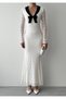 Women's White Lace Long Dress V-Neck Bow Detail Long Sleeve - 2