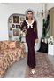 Women's Plum Lace Long Dress V-Neck Bow Detailed Long Sleeve - 4