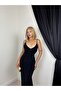 Women's Black Long Fish Shape Draped Collar Slim Strap Draped Evening Dress - 4