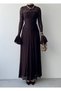 Women's Coffee Lace Midi Dress High Neck Long Sleeve Evening Dress with Flounce Cuffs - 2