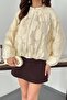 Women's Beige Patterned Bomber Jacket with Stand Collar and Zipper, Rubber Detail - 4