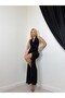 Women's Black Halter Neck Floral Appliqué Gathered Slit Long Evening Dress