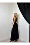Women's Black Halter Neck Floral Appliqué Gathered Slit Long Evening Dress - 2