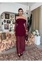 Women's Burgundy Boat Neck Lace Long Sleeve Draped Hem Midi Dress - 8
