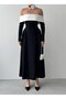 Women's Black Midi Dress Boat Neck Contrast Color Long Sleeve Shirred A-Line - 2
