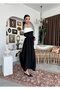 Women's Black Midi Dress Boat Neck Contrast Color Long Sleeve Shirred A-Line - 6