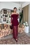 Women's Burgundy Boat Neck Lace Long Sleeve Draped Hem Midi Dress - 6