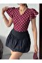 Women's White Polka Dot V-Neck Ruffle Sleeve Slim Fit Satin Blouse - 4