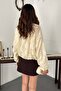Women's Beige Patterned Bomber Jacket with Stand Collar and Zipper, Rubber Detail - 5