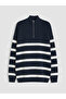 Ozmarka New Season Navy Blue Stand Collar Striped Men's Knitwear Sweater - 5