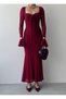 Women's Burgundy Lace Midi Dress with Heart Collar and Rose Detail Long Sleeves - 2