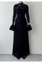 Women's Black Lace Midi Dress High Neck Long Sleeve Evening Dress with Flounce Cuffs - 2