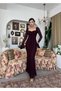 Women's Plum Lace Midi Dress with Heart Collar and Rose Detail, Long Sleeves - 6