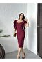 Women's Khaki - Khaki Midi Pencil Dress Square Neck Flounce Sleeve Plain Satin Event Elegance - 3