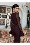 Women's Coffee Lace Midi Dress Heart Collar Rose Detailed Long Sleeve - 7