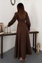 Women's Brown Long Sleeve Shirt Collar Zipper Belted Pocketed Pleated Long Dress - 5