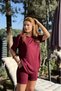 Women's Striped Short-Sleeved Suit with Shorts, Burgundy - 2