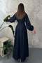 Women's Blue Maxi Denim Dress Shirt Collar Buttoned Pleated Balloon Sleeves with Pockets - 5